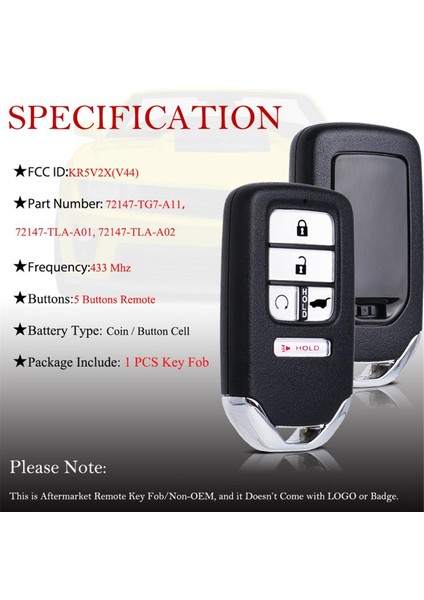 Araba Anahtarı Fob Anahtarsız Giriş Uzaktan Kontrol KR5V2X Honda Civic Crv Pilot 72147-TG7-A11 72147-TLA-A01 433MHZ ID47 Chıp (Yurt Dışından) fırsatları