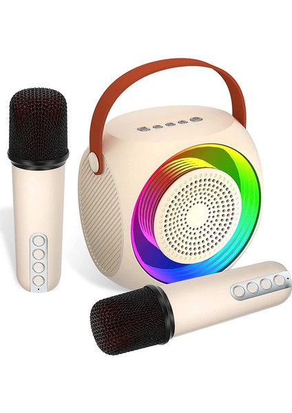 Mini, Taşınabilir Bluetooth Hoparlör 2 Adet Çocuklar ve Yetişkinler Için LED Işıklı Kablosuz Mikrofon, Beyaz (Yurt Dışından)