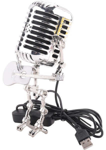 Retro Tarzı Vintage Mikrofon Robot Masa Lambası, Vintage Mikrofon Robot Dokunmatik Dimmer Lamba Masa Lambası Beyaz (Yurt Dışından)