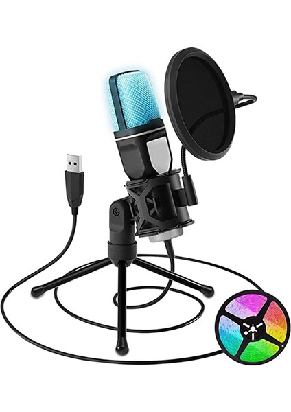 Rgb USB Kondenser Mikrofon Kardioid Oyun Mikrofonu, Şok Emme Monteli Filtreli (Yurt Dışından)