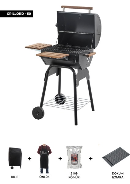 Grillord‑50 Kömürlü Barbekü (1 Adet Döküm Izgaralı) + Hediye Seti