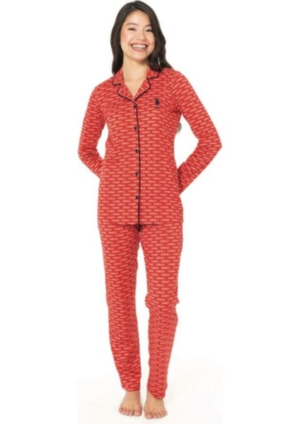 Kadın Kırmızı Pamuklu Lisanslı Çeyizlik Önden Düğmeli Pijama Takımı 20144