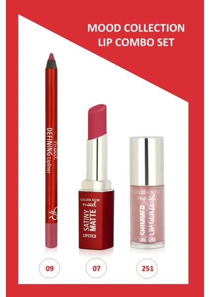 Mood Lip Combo Set - Defining Dudak Kalemi No:09 - Satiny Matte Ruj No:07 - Shimmer Dudak Parlatıcısı NO:251