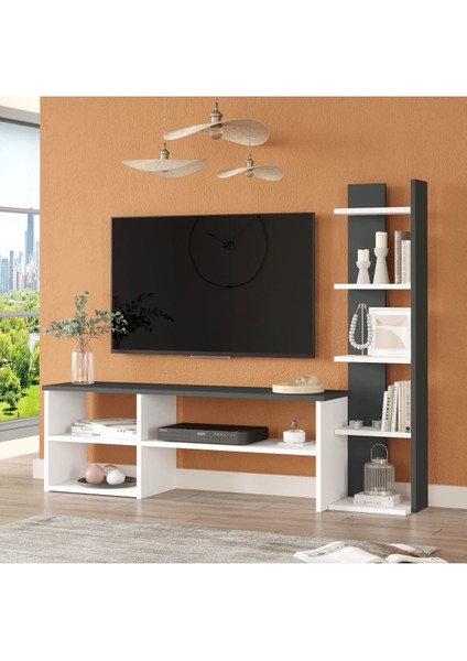 Dore Tv Ünitesi Tv Sehpası Kitaplıklı Beyaz-Antrasit Dor2-Wan