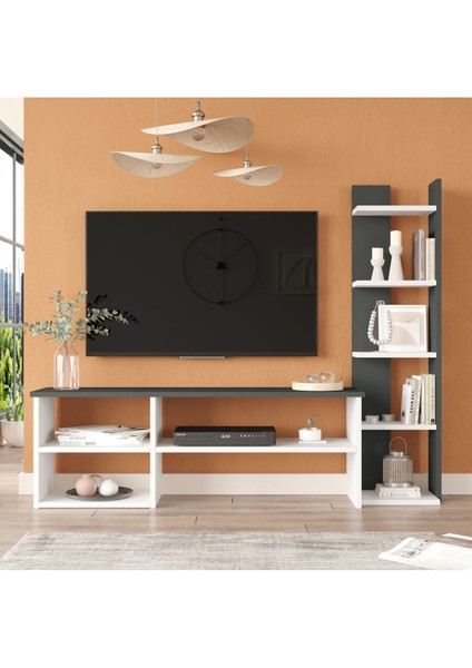 Dore Tv Ünitesi Tv Sehpası Kitaplıklı Beyaz-Antrasit Dor2-Wan fiyatları