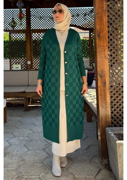 Dama Desenli Triko Hırka Zümrüt