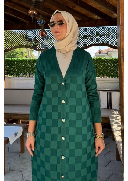 Dama Desenli Triko Hırka Zümrüt fiyatları