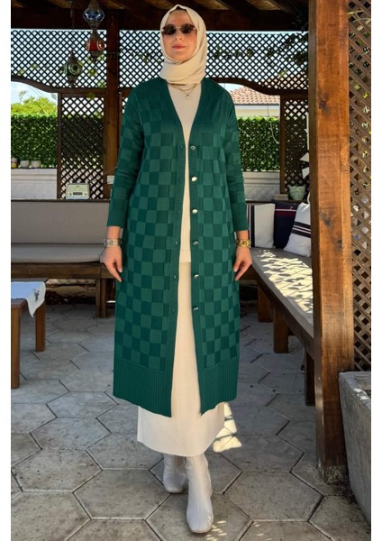 Dama Desenli Triko Hırka Zümrüt modelleri