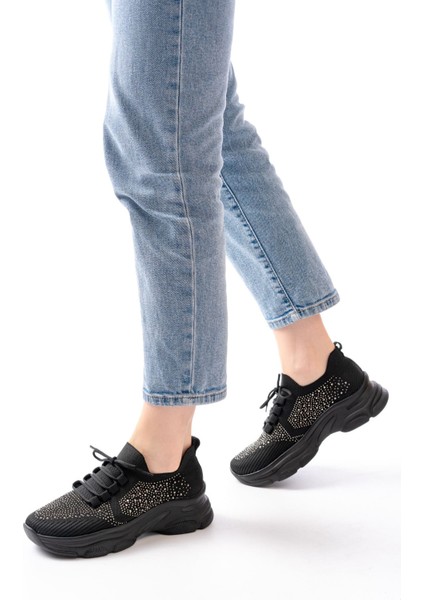 3002 Siyah Bağcıklı Fileli Taş Aksesuarlı Günlük Spor Ayakkabı fiyatları