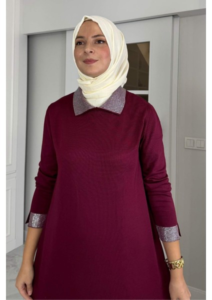 Pera Taşlı Triko Elbise Bordo fiyatları