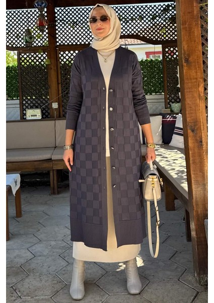 Dama Desenli Triko Hırka Antrasit