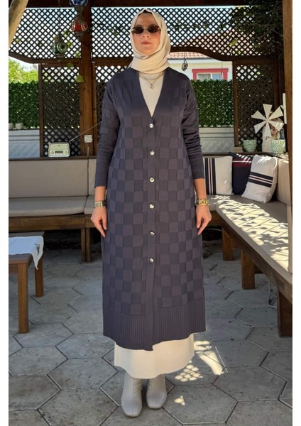 Dama Desenli Triko Hırka Antrasit modelleri