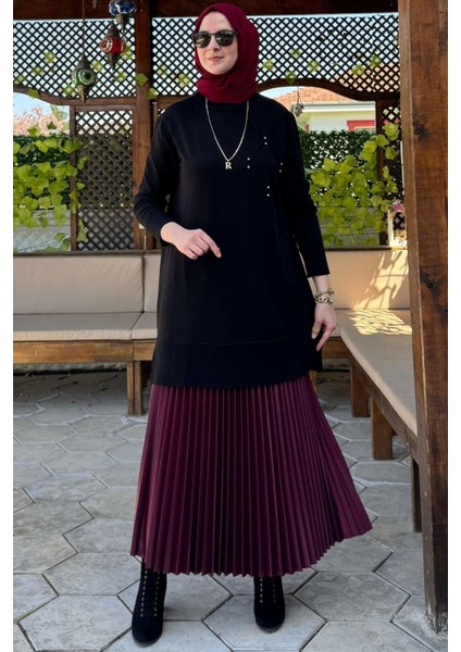 Gonca Taşlı Triko Tunik Siyah