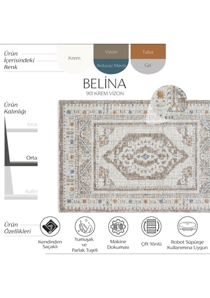 Belina Krem Vizon Salon Halısı Otantik Eskitme Desen Göbek Vintage Bukle Oturma Odası Halı fırsatları