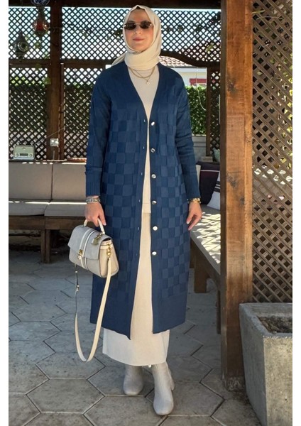 Dama Desenli Triko Hırka Indigo