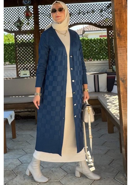 Dama Desenli Triko Hırka Indigo modelleri