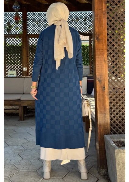 Dama Desenli Triko Hırka Indigo indirimleri