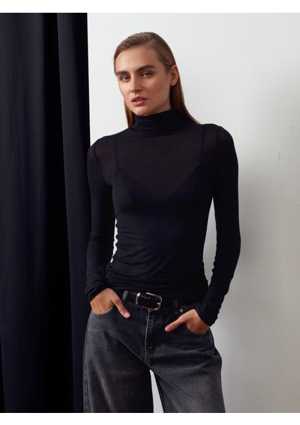 32277 Balıkçı Yaka Kaşmir Bluz-Siyah