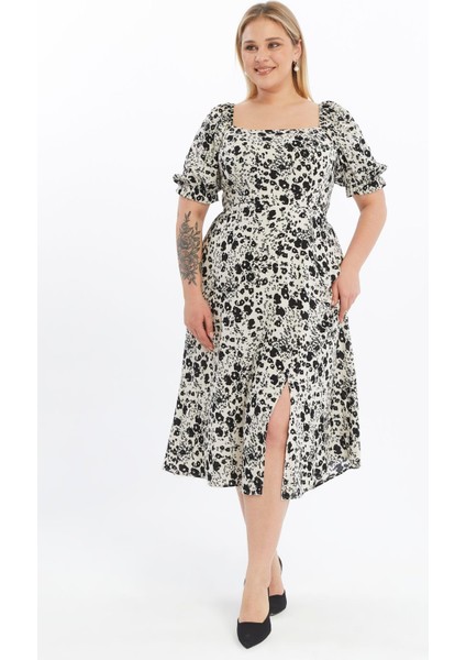 Kadın Bej Kare Yaka Önden Yırtmaçlı Kol Detaylı Empirme Viscon Elbise 4507-125