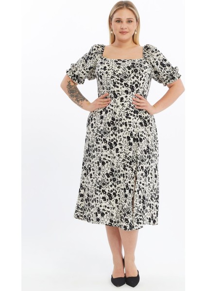 Kadın Bej Kare Yaka Önden Yırtmaçlı Kol Detaylı Empirme Viscon Elbise 4507-125