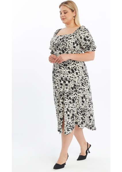 Kadın Bej Kare Yaka Önden Yırtmaçlı Kol Detaylı Empirme Viscon Elbise 4507-125