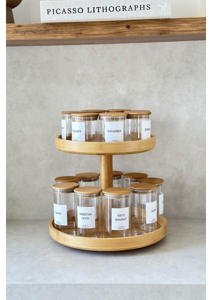 16'lı Bambu Vakum Kapaklı ve Döner Standlı Baharatlık Seti (25 Adet Etiket) + 16 Adet Ahşap Kaşık