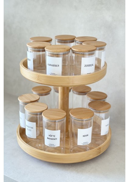 16'lı Bambu Vakum Kapaklı ve Döner Standlı Baharatlık Seti (25 Adet Etiket) + 16 Adet Ahşap Kaşık
