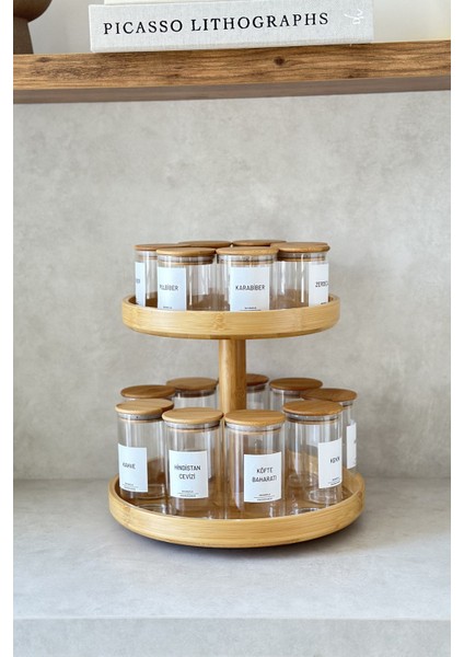 16'lı Bambu Vakum Kapaklı ve Döner Standlı Baharatlık Seti (25 Adet Etiket) + 16 Adet Ahşap Kaşık