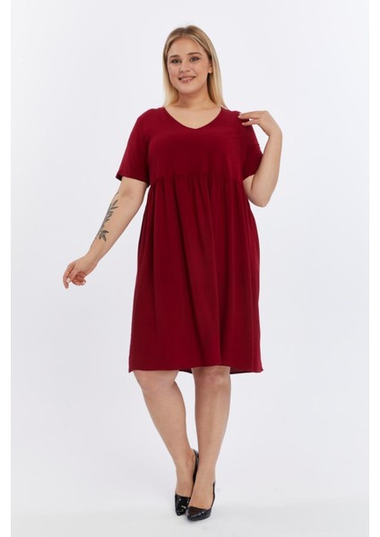 Kadın Bordo Büzgü Detaylı midi Yazlık büyük Beden Elbise 4424-105
