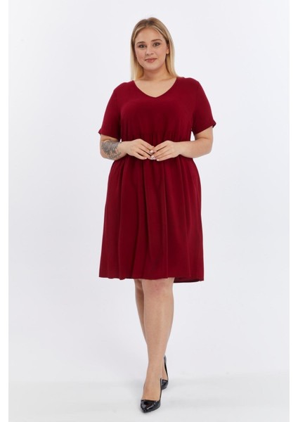 Kadın Bordo Büzgü Detaylı midi Yazlık büyük Beden Elbise 4424-105