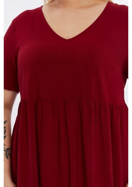 Kadın Bordo Büzgü Detaylı midi Yazlık büyük Beden Elbise 4424-105
