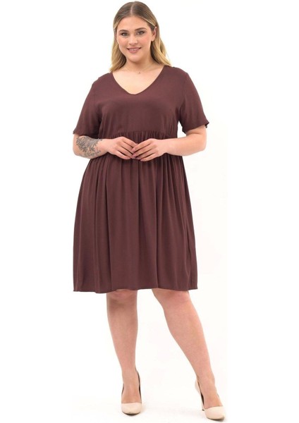 Kadın Kahve Büzgü Detaylı midi Yazlık büyük Beden Elbise 4424-105