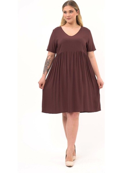 Kadın Kahve Büzgü Detaylı midi Yazlık büyük Beden Elbise 4424-105