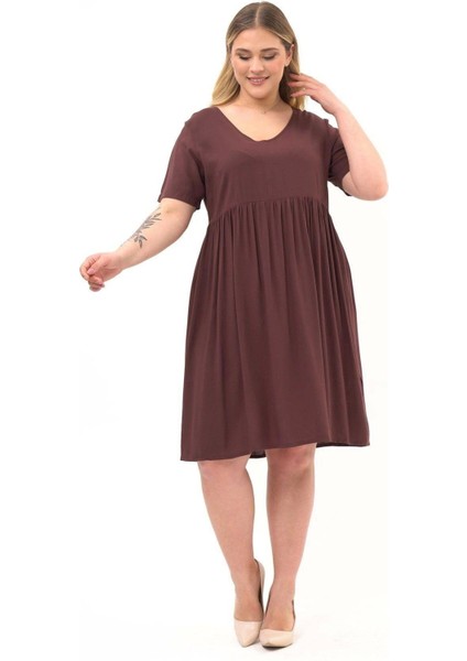 Kadın Kahve Büzgü Detaylı midi Yazlık büyük Beden Elbise 4424-105