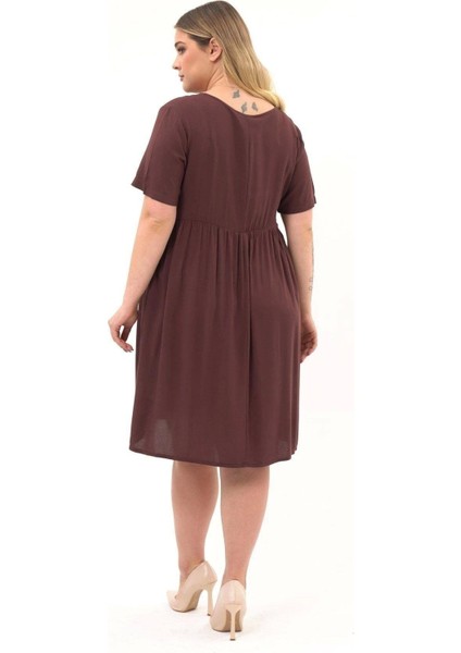 Kadın Kahve Büzgü Detaylı midi Yazlık büyük Beden Elbise 4424-105