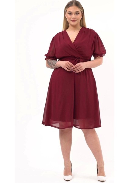 Kadın Kruvaze Yaka Kuşaklı Büyük Beden Midi Boy Şifon Elbise 4255-110
