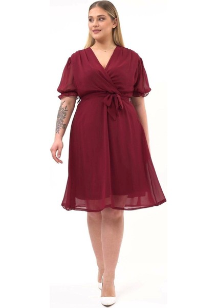 Kadın Kruvaze Yaka Kuşaklı Büyük Beden Midi Boy Şifon Elbise 4255-110