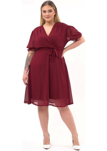 Kadın Kruvaze Yaka Kuşaklı Büyük Beden Midi Boy Şifon Elbise 4255-110