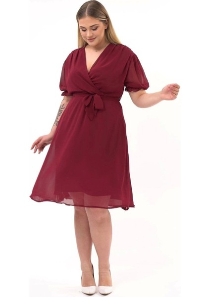 Kadın Kruvaze Yaka Kuşaklı Büyük Beden Midi Boy Şifon Elbise 4255-110