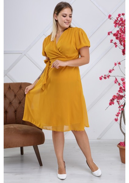 Kadın Kruvaze Yaka Kuşaklı Büyük Beden Midi Boy Şifon Elbise 4255-110