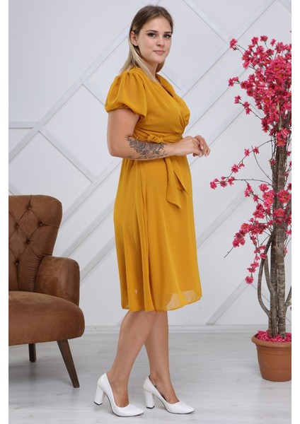 Kadın Kruvaze Yaka Kuşaklı Büyük Beden Midi Boy Şifon Elbise 4255-110 fiyatları
