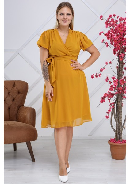 Kadın Kruvaze Yaka Kuşaklı Büyük Beden Midi Boy Şifon Elbise 4255-110 modelleri
