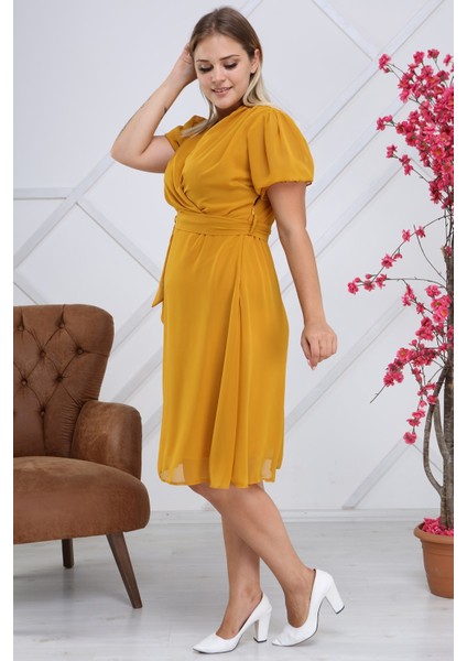 Kadın Kruvaze Yaka Kuşaklı Büyük Beden Midi Boy Şifon Elbise 4255-110 fırsatları