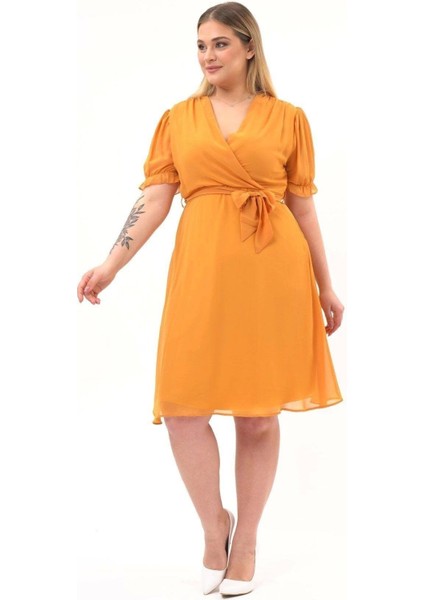 Kadın Kruvaze Yaka Kuşaklı Büyük Beden Midi Boy Şifon Elbise 4255-110