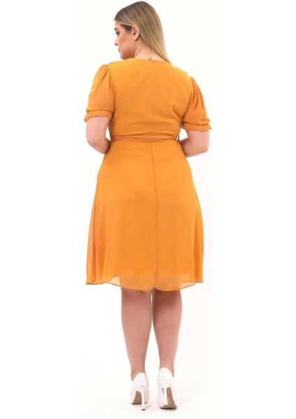 Kadın Kruvaze Yaka Kuşaklı Büyük Beden Midi Boy Şifon Elbise 4255-110