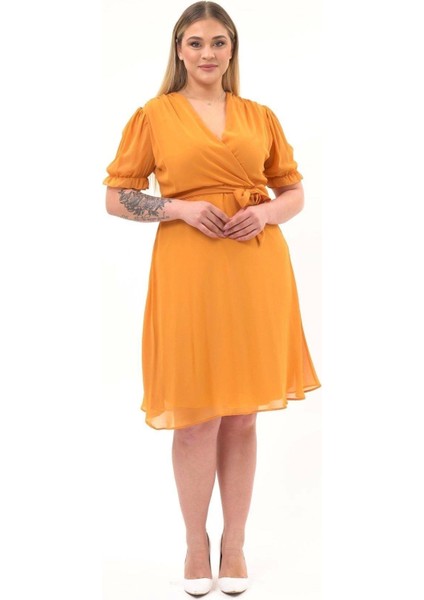 Kadın Kruvaze Yaka Kuşaklı Büyük Beden Midi Boy Şifon Elbise 4255-110