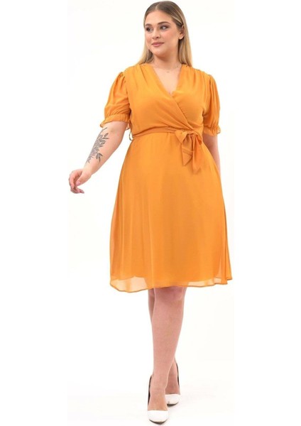 Kadın Kruvaze Yaka Kuşaklı Büyük Beden Midi Boy Şifon Elbise 4255-110