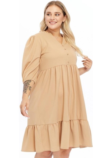 Kadın Büzgü Detaylı Düğmeli Midi Boy Büyük Beden Elbise 4415/105