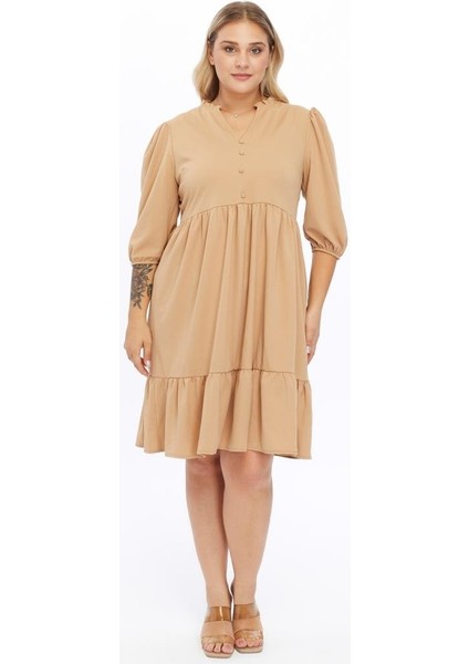 Kadın Büzgü Detaylı Düğmeli Midi Boy Büyük Beden Elbise 4415/105