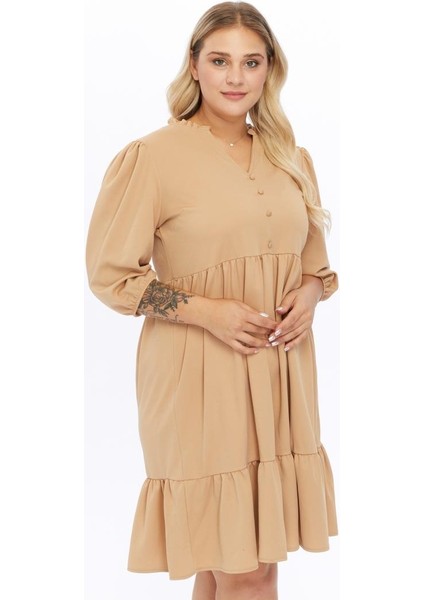 Kadın Büzgü Detaylı Düğmeli Midi Boy Büyük Beden Elbise 4415/105